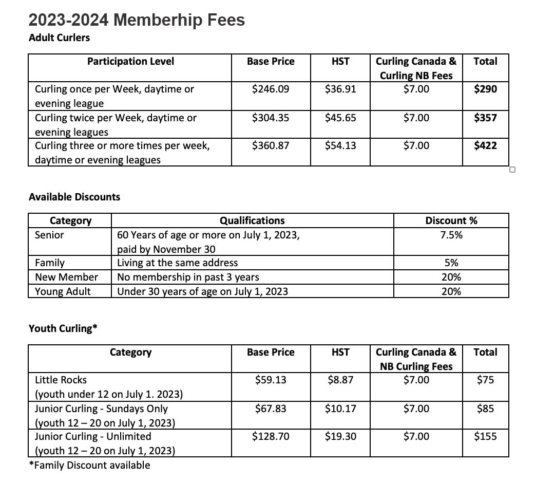 Hampton Curling Club Membership rates
